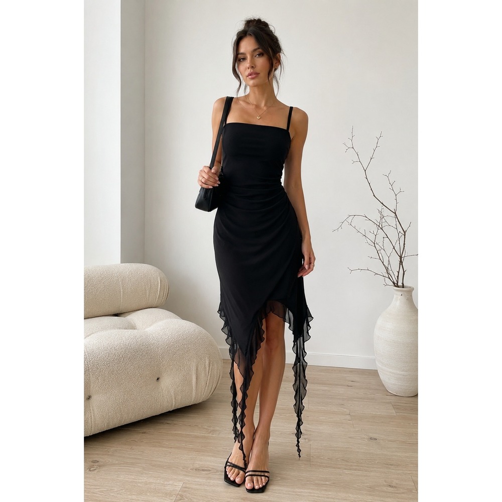 Almost Famous Black Handkerchief Hem Ruched Midi Dress Size Large Goth Y2K‎
